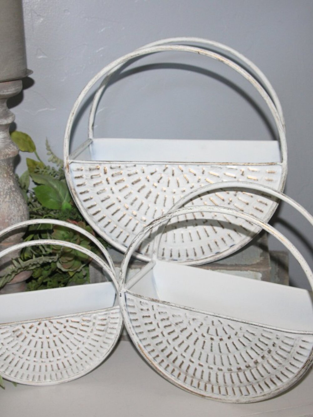 NEW Distressed White Gold Round Metal Modern Farmhouse Wall Table Top Bucket Set